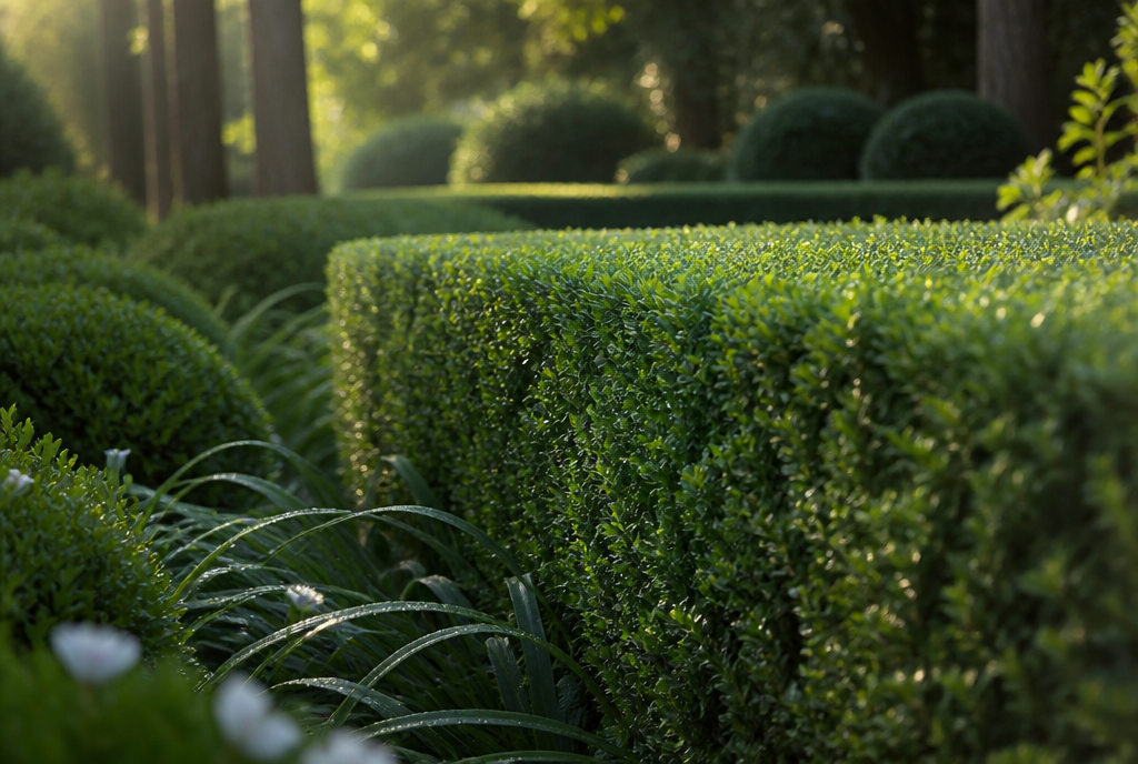 Well shaped evergreen shrubs bordering a residential lawn