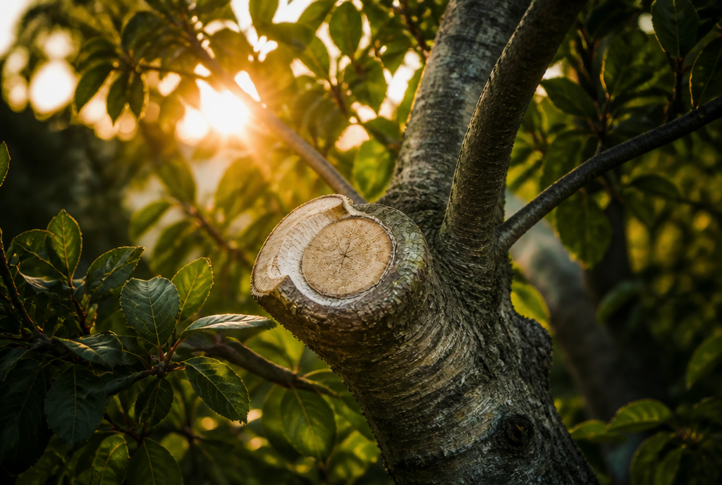 Close view of a clean pruning cut on a healthy tree limb